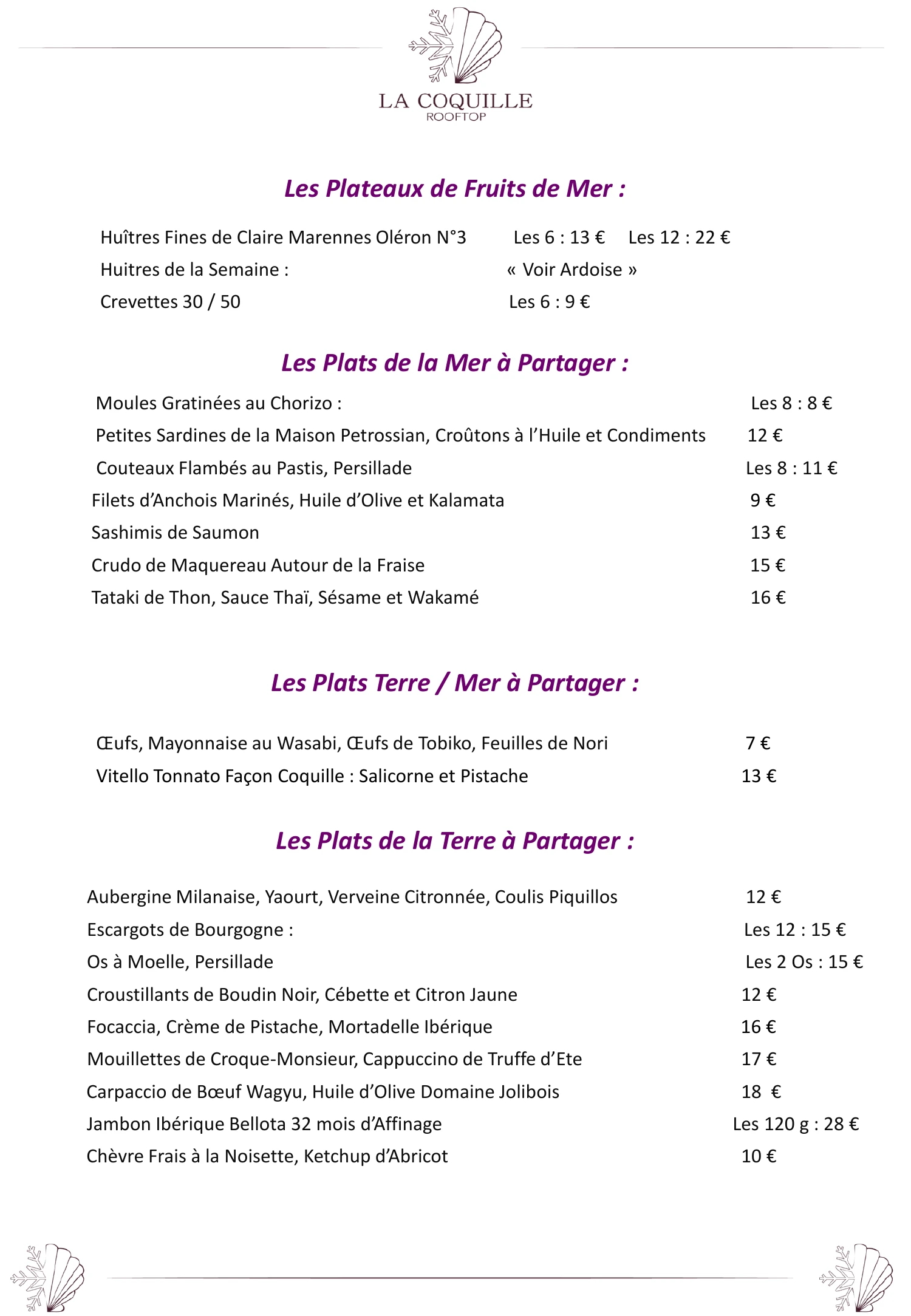 Menu diversifié de notre restaurant à Serre Chevalier, présentant une sélection alléchante de plats à partager, avec des coquillages frais et des spécialités terrestres, idéal pour des repas de groupe ou des soirées conviviales Restaurant Chantemerle